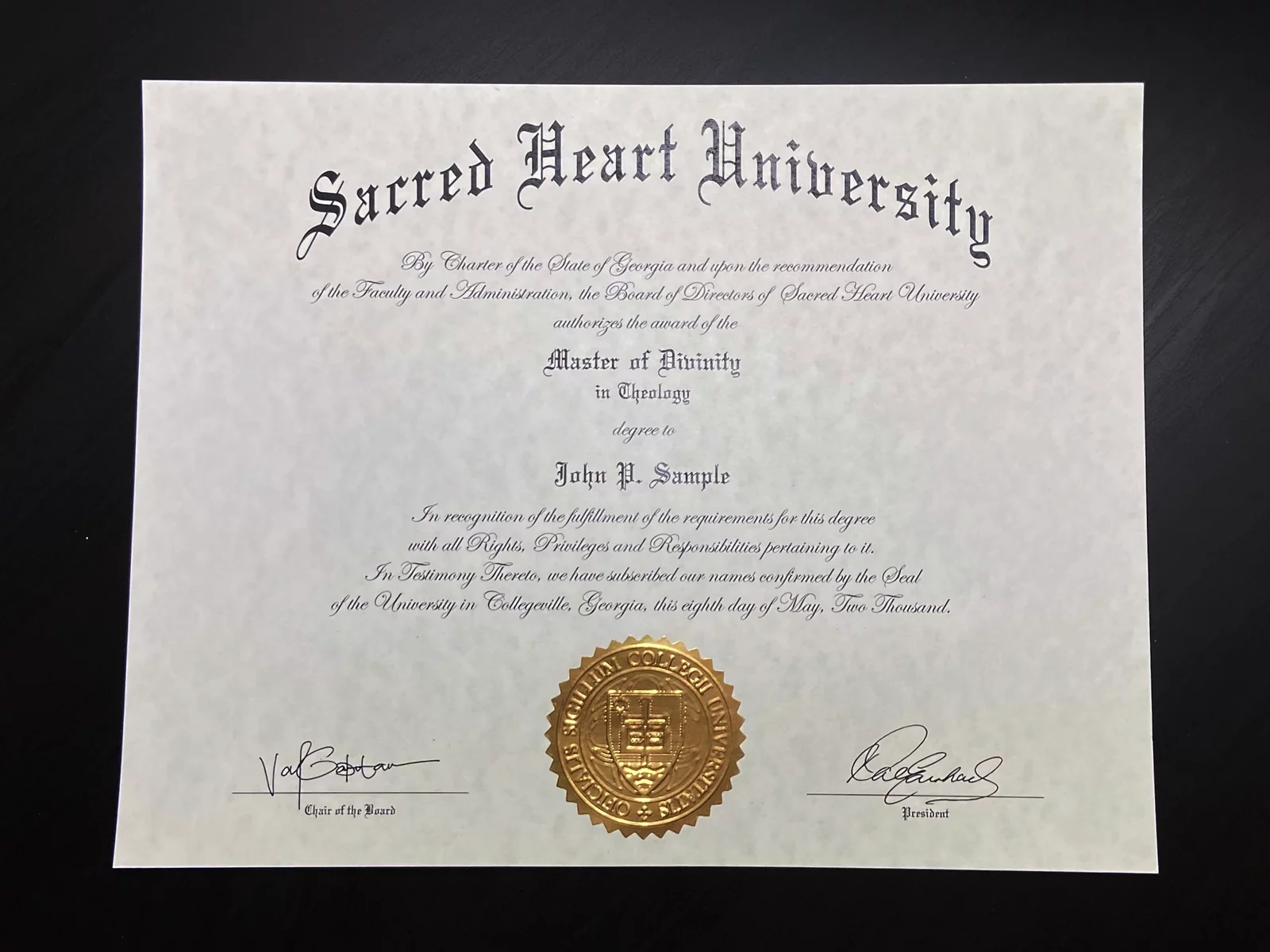Fake Theology Diploma (Template D11 / ES-05 Gold Embossed Foil Seal / Storm Parchment)