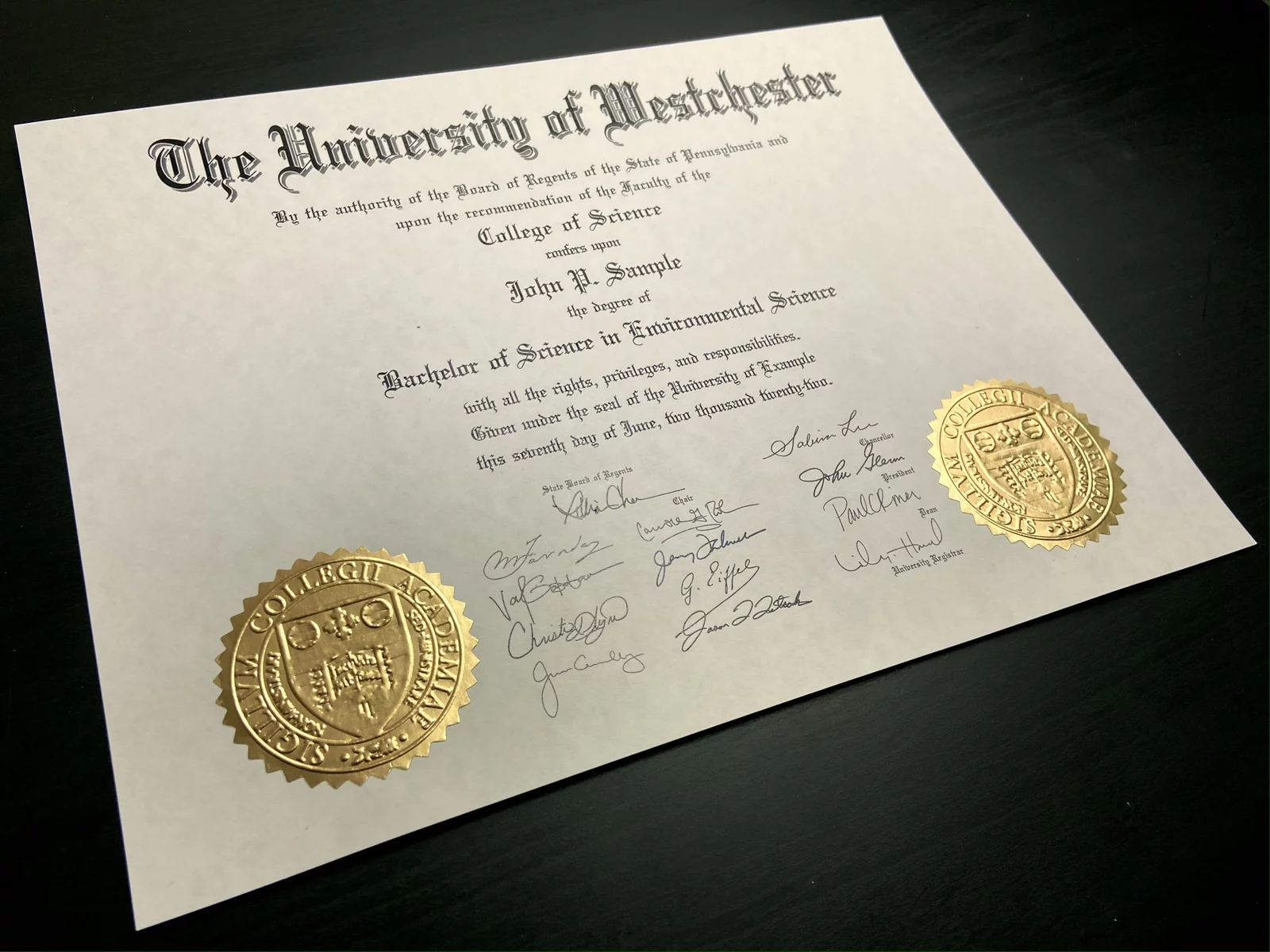 Fake Diploma Sample (Template D04 / ES-02 Gold Embossed Foil Seal / Fleece Parchment)