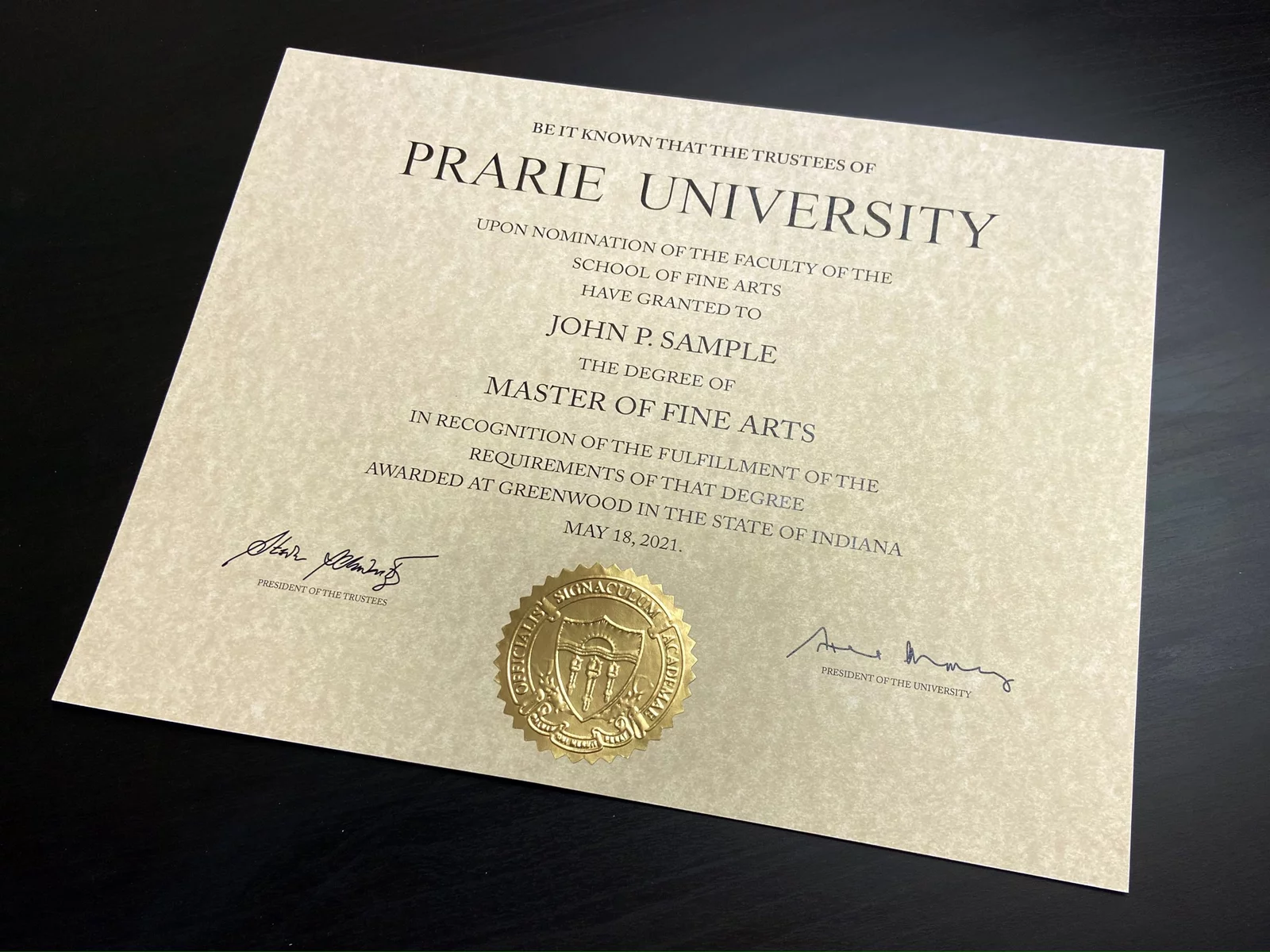 Fake Diploma Sample (Template D24 / ES-04 Gold Embossed Foil Seal / Aged Parchment)